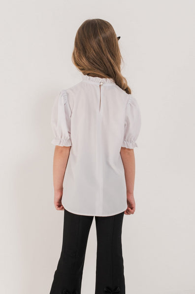 JULIA - Bluza eleganta din material fin cu maneca scurta, guler si funda chic, alb
